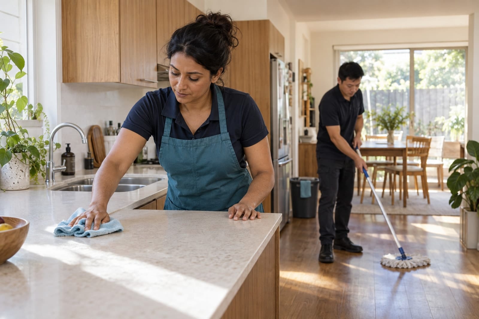 Two commercial cleaners wiping a bench and mopping a sunlit floor.